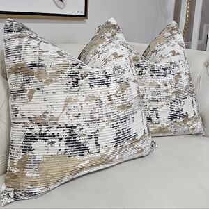 Abstract Metallic Accent Throw Pillow Pair - White, Gold, Black Set Of Two.
